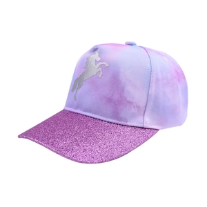Detail of purple sequin brim and tie-dye crown on unicorn kids baseball cap