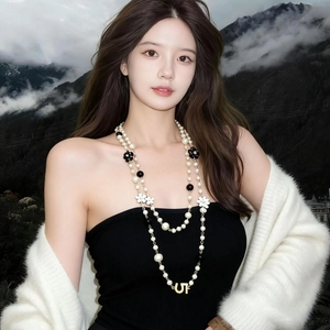 Elegant Long Faux Artificial Pearl Necklace With Alloy Camellia Flower And Rhinestone Number 5 Pendant Luxury Sweater Chain