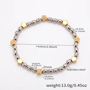Detailed technical view of stainless steel beaded bracelet with zircon flower charms