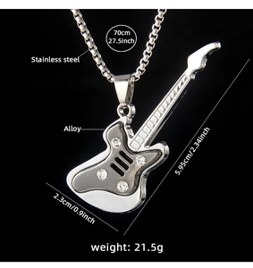 Detail view of silver guitar pendant with 70cm stainless steel chain and dimensions