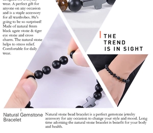 Detailed view of 8mm black agate and tiger eye stone beads with a metal cross pendant
