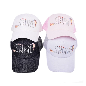 Mesh trucker baseball caps with SPIRIT print in white, pink, black and grey options