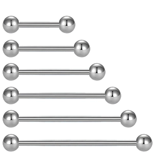 Set of titanium steel barbell tongue rings in various lengths with polished ball ends