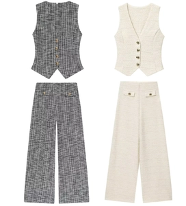 Détail de la texture tweed et des boutons sur l'ensemble gilet col V et pantalon large