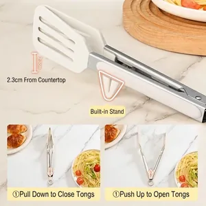 Stainless steel kitchen food tongs with silicone tips and integrated stand holder