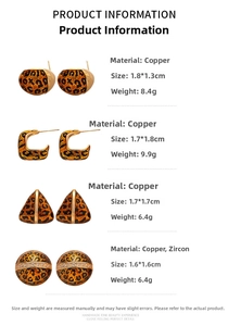 Macro view showing geometric leopard print earrings with gold plating and zircon details