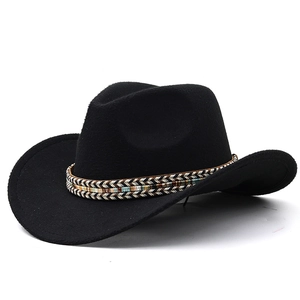 Classic black western cowboy hat with a colorful braided band and wide curved brim