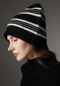 Detailed view of the striped wool knit beanie's soft texture and winter warmth design