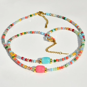 Colorful rhodochrosite beaded Y2K necklace with faceted crystals and golden lobster clasp