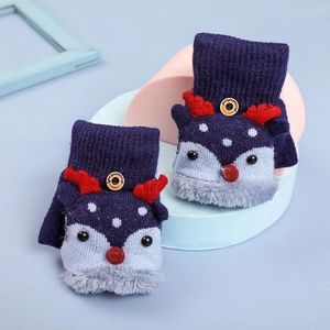 Winter knit reindeer gloves for kids with blue patchwork and warm plush cuffs