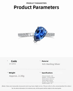 Macro detail of S925 silver ring featuring a 1.0ct blue pear-shaped zircon and pave stones