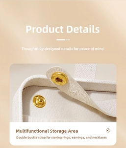 Macro detail of leather travel jewelry box showing ivory cross-grain texture and metal snap