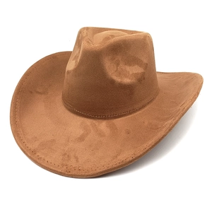 Brown suede western cowboy hat with wide rolled brim and classic dented crown detail