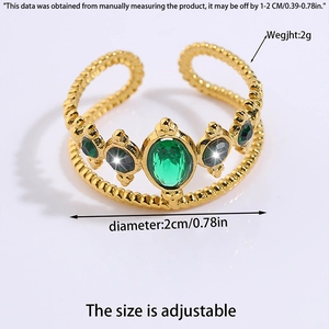 Detailed view of golden crown ring with green stone and adjustable size specs