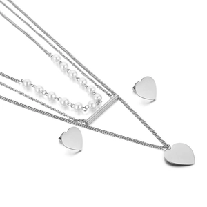 Three-layer silver stainless steel necklace set with heart and pearl pendants and studs