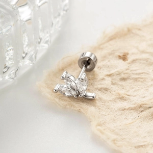 Leaf-shaped zircon earring with screw flat back in silver stainless steel finish