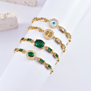 Bracelet Arbre De Vie Oeil Protecteur Acier Inoxydable Plaqué Or Zircone Verte Bijoux Luxe Réglables Pour Femmes
