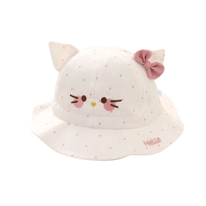 Baby girl white sun hat with pink polka dots, cat ears, and bow for 5-15 months infants