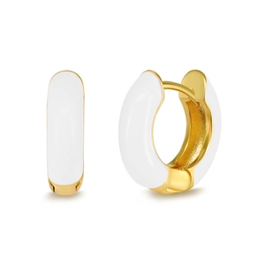 Macro detail of white enamel and gold-plated geometric round hoop earrings