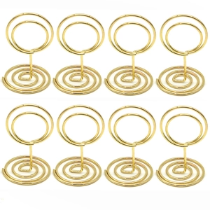 Set of 8 gold metal peacock card holders with spiral base for office desktop display