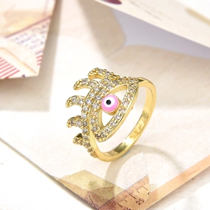 Minimalist gold evil eye open ring with pink enamel and sparkling crystals for women
