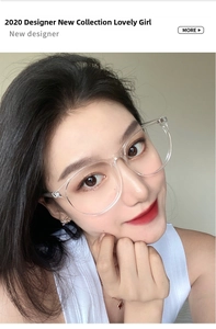 Close-up of a model wearing stylish transparent large frame anti-blue light glasses