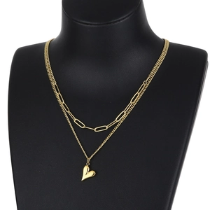 Collier Multirang Acier Inoxydable Pendentif Coeur Double Couche Chaîne Trombone Bijoux Mode Femme Élégant