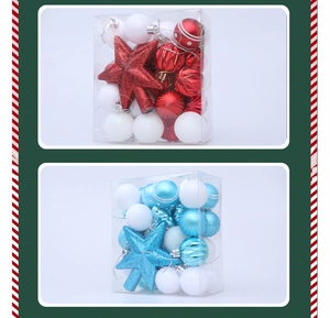 Detail of red and blue painted Christmas ball sets with glitter stars and PVC packaging