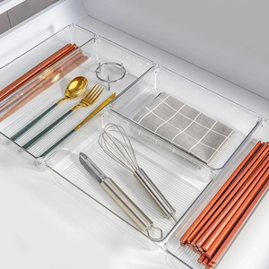 Set of clear PET stackable drawer organizers for versatile refrigerator and makeup storage