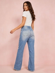 Jeans denim donna a vita alta blu chiaro gamba larga con orlo sfilacciato e vestibilità rilassata