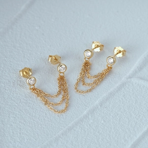 Macro shot of gold S925 silver eye earrings with sparkling zircon and chain tassel detail