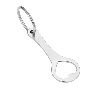 Polished silver stainless steel heart-shaped bottle opener keychain on white background