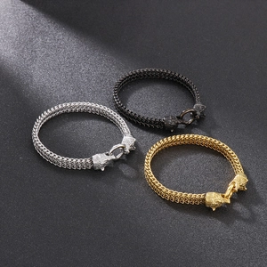 Detailed view of woven metal bracelets featuring wolf head spring clasps in three colors