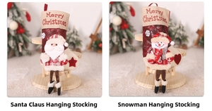 Detail of Santa and Snowman Christmas stockings with Merry Christmas embroidery and long legs