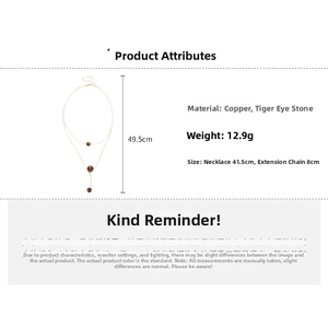 Detailed size chart of tiger eye stone pendant necklace with copper gold chain specs
