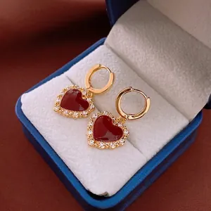 Red Heart Huggie Drop Earrings For Women Copper Real Gold Plated Vintage Zircon Halo Drip Oil Jewelry Gift