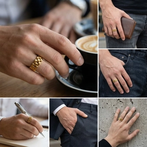 Men's gold watch link titanium steel ring shown in multiple lifestyle contexts and angles