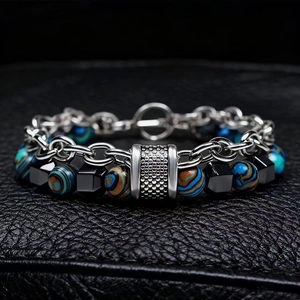 Detail of double-layer men's bracelet with blue malachite beads and silver steel chain