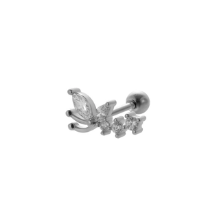 Detail of silver stainless steel stud earring with sparkling zircon floral patterns