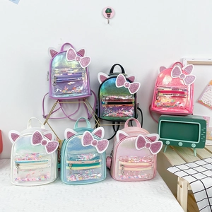 Kids Mini Backpack Iridescent PU Leather Cute Cat Ears Glitter Bow Transparent Sequin Pocket Toddler Girls Fashion Bag