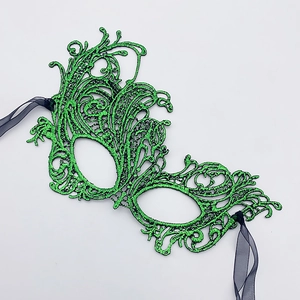 Detail of metallic green lace masquerade mask with intricate baroque cutout embroidery