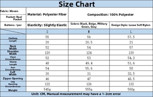 Detailed size chart for women casual solid color loose jacket with measurements in cm