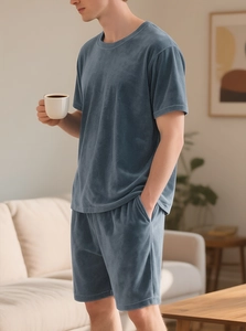 Detail view of navy blue velvet men's short sleeve tee and shorts lounge set