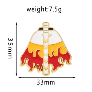 Enamel brooch with flame pattern detail showing dimensions 35x33mm and weight 7.5g