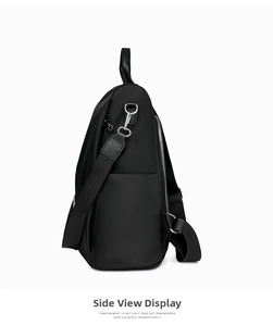 Side view of black waterproof nylon backpack with silver zippers and adjustable straps