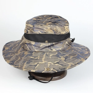 Outdoor camouflage boonie hat with wide brim, mesh ventilation, and adjustable chin strap