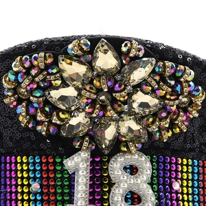Black sequin captain hat with rhinestones, pearls and number 18 for birthday parties