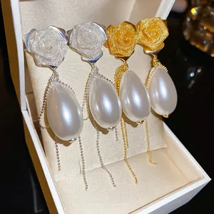 Vintage Mesh Rose Drop Earrings With Water Drop Artificial Pearl Long Tassel Chain And 925 Sterling Silver Earring Post For Women