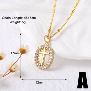 Detail of gold-plated cross pendant with white zircon inlay and 45cm chain size info