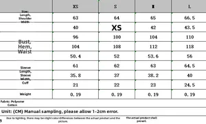 Detailed size chart for poplin shirt including length, chest, and sleeve measurements